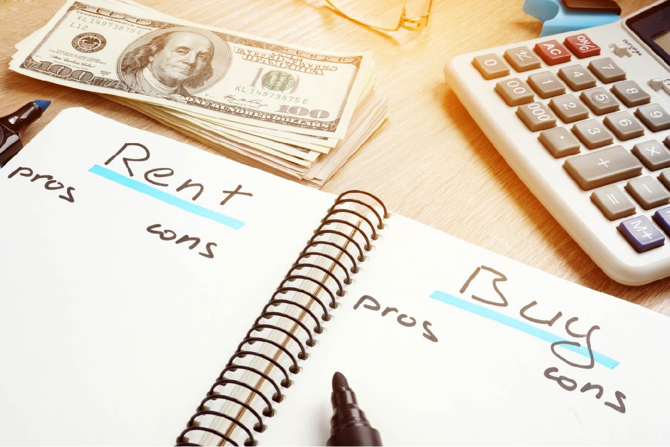Two lists comparing the pros and cons of renting vs. buying a home